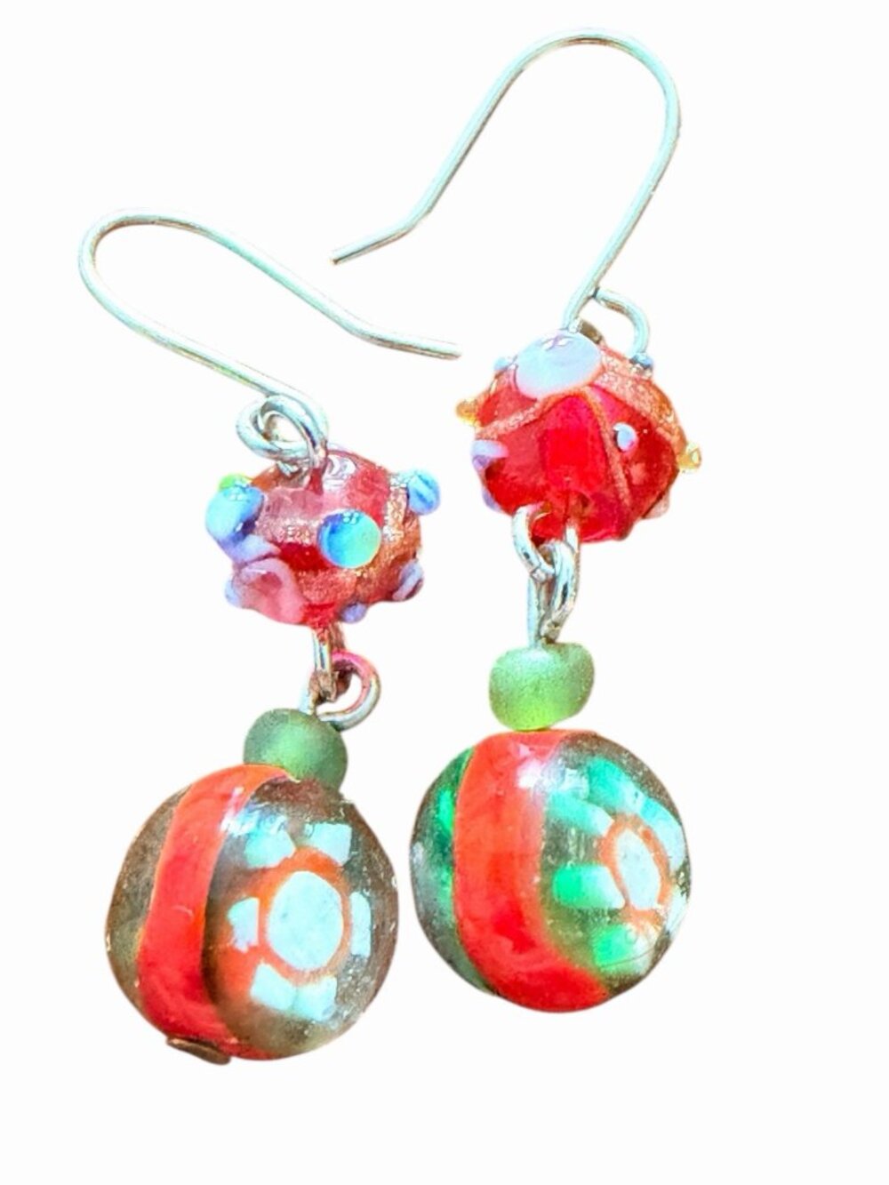 Vintage Sparkly Red Green Swirly Murano Glass Ball Dangle Earrings Retro Boho